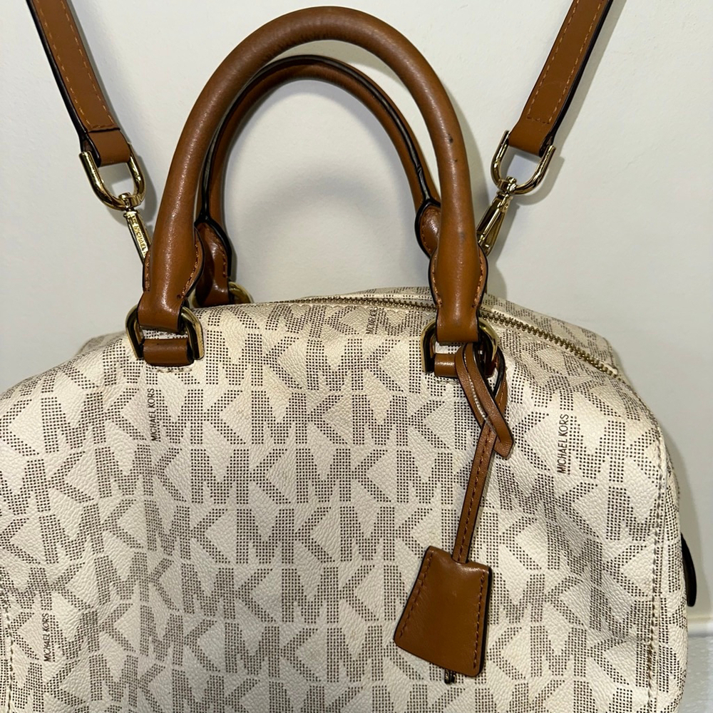 Michael Kors Monogram Kirby Satchel Bag Beige/Brown Vanilla/Acorn MK Logo Purse - Picture 15 of 16